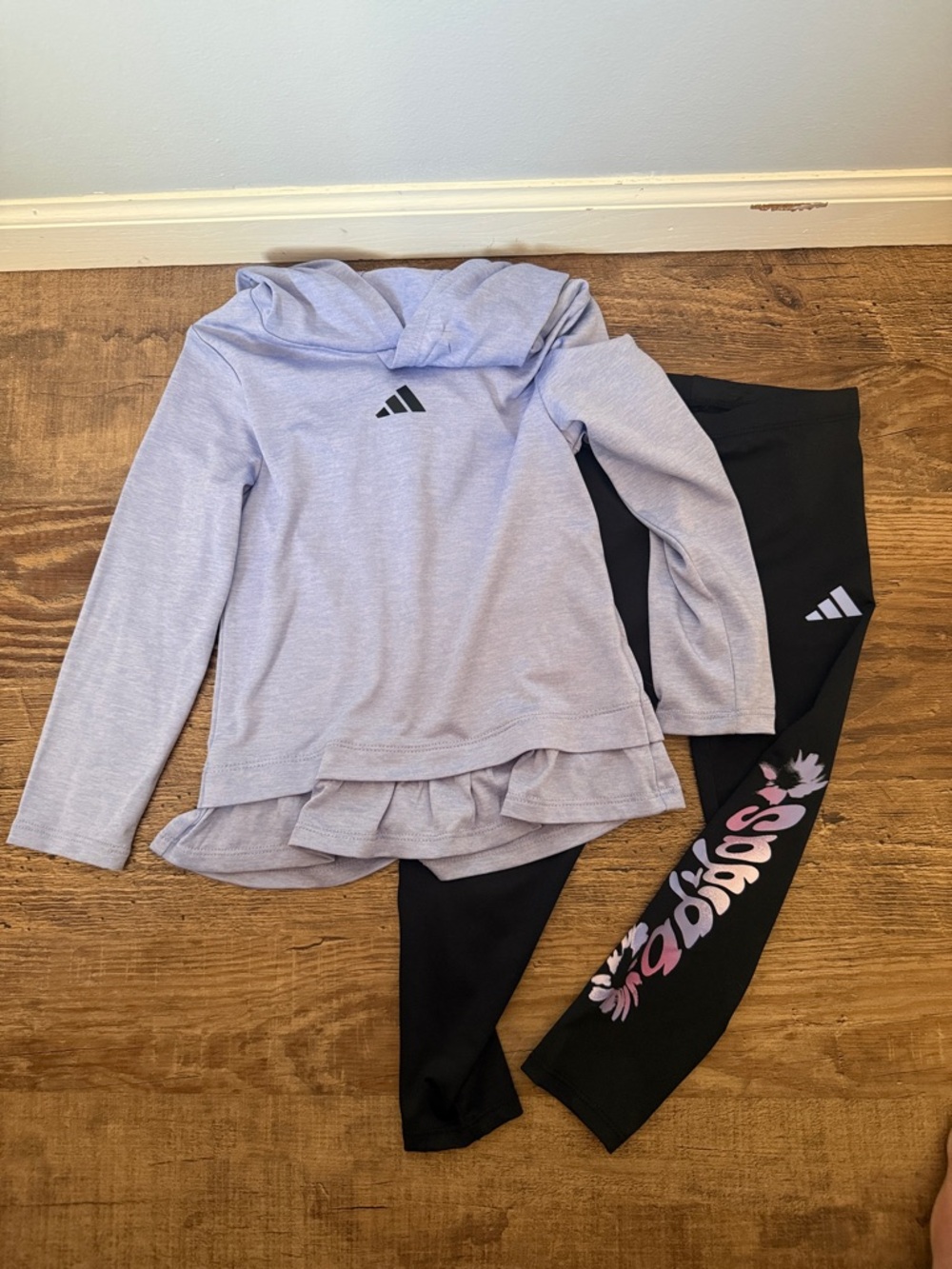 adidas Lavender light weight Ruffle Top with Black Logo Leggings